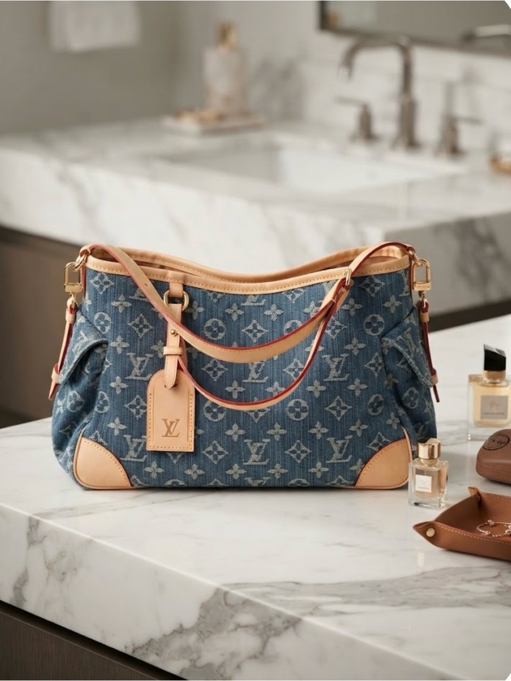 Denim Monogram Shoulder Bag with Natural Leather Trim